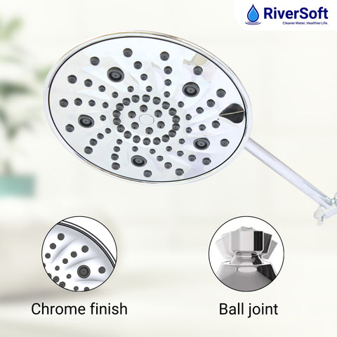 RiverSoft RSC-7 Shower Head 7-Function ABS with Adjustable Brass Ball Joint wide faceplate 199mm dia without arm