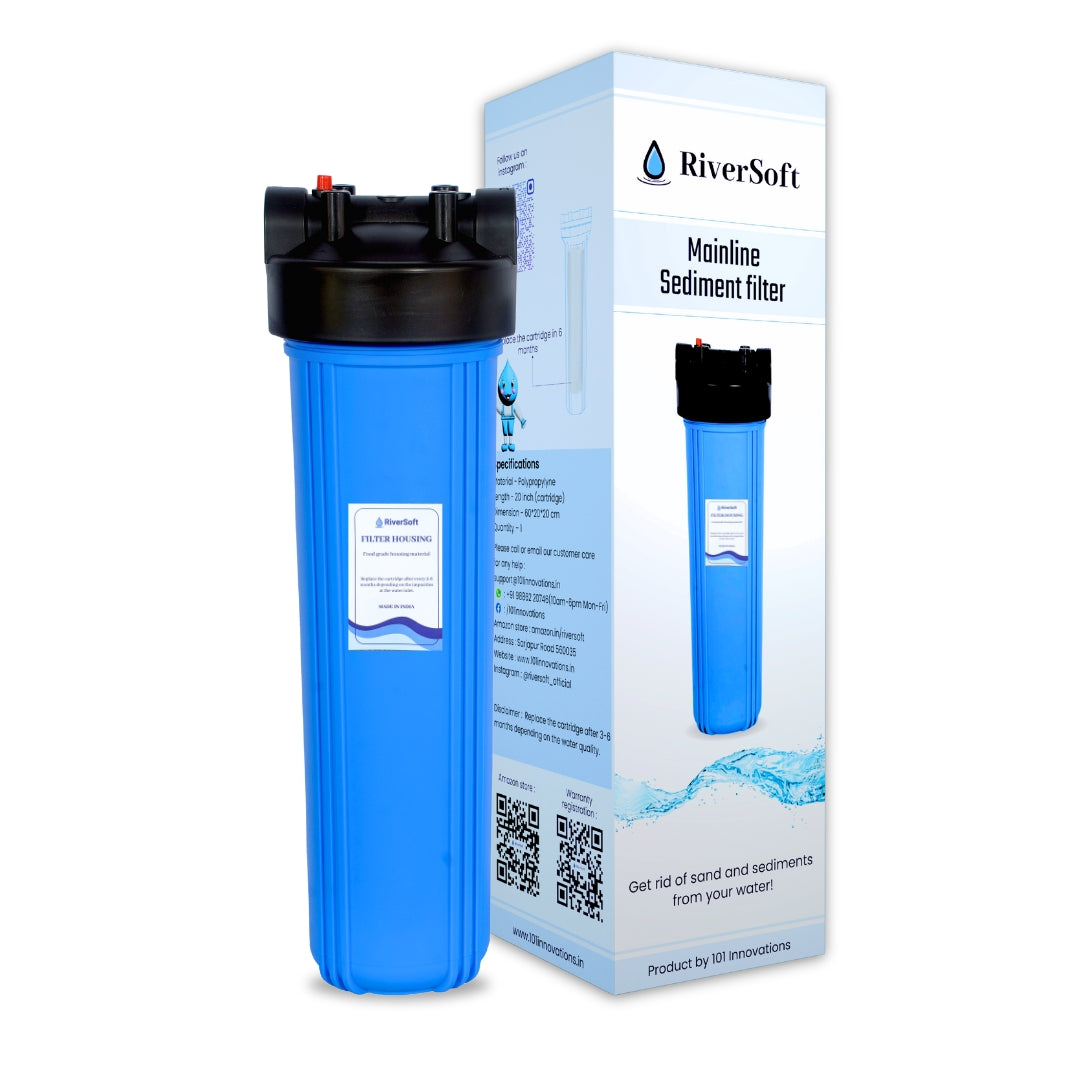 RiverSoft ASP-20-HV1 Sediment Filter Assembly | 1 Micron Spun Cartridge | Water Tank Filter for Home | Mainline Installation for 1 HP/2 HP Motor (20 inch, 1 inch Inlet/Outlet, Blue, PP)