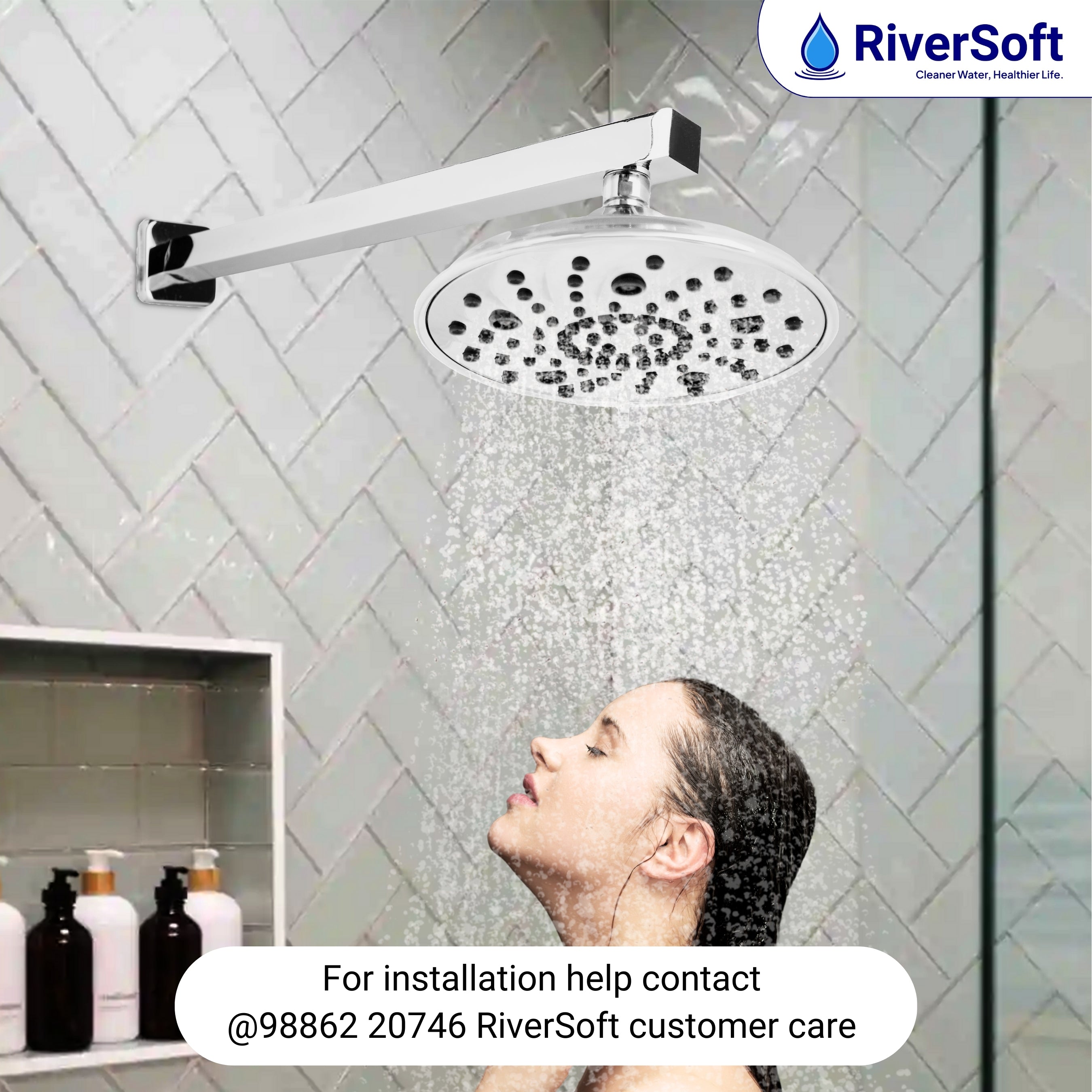 RiverSoft RSC-7 Shower Head 7-Function ABS with Adjustable Brass Ball Joint wide faceplate 199mm dia without arm
