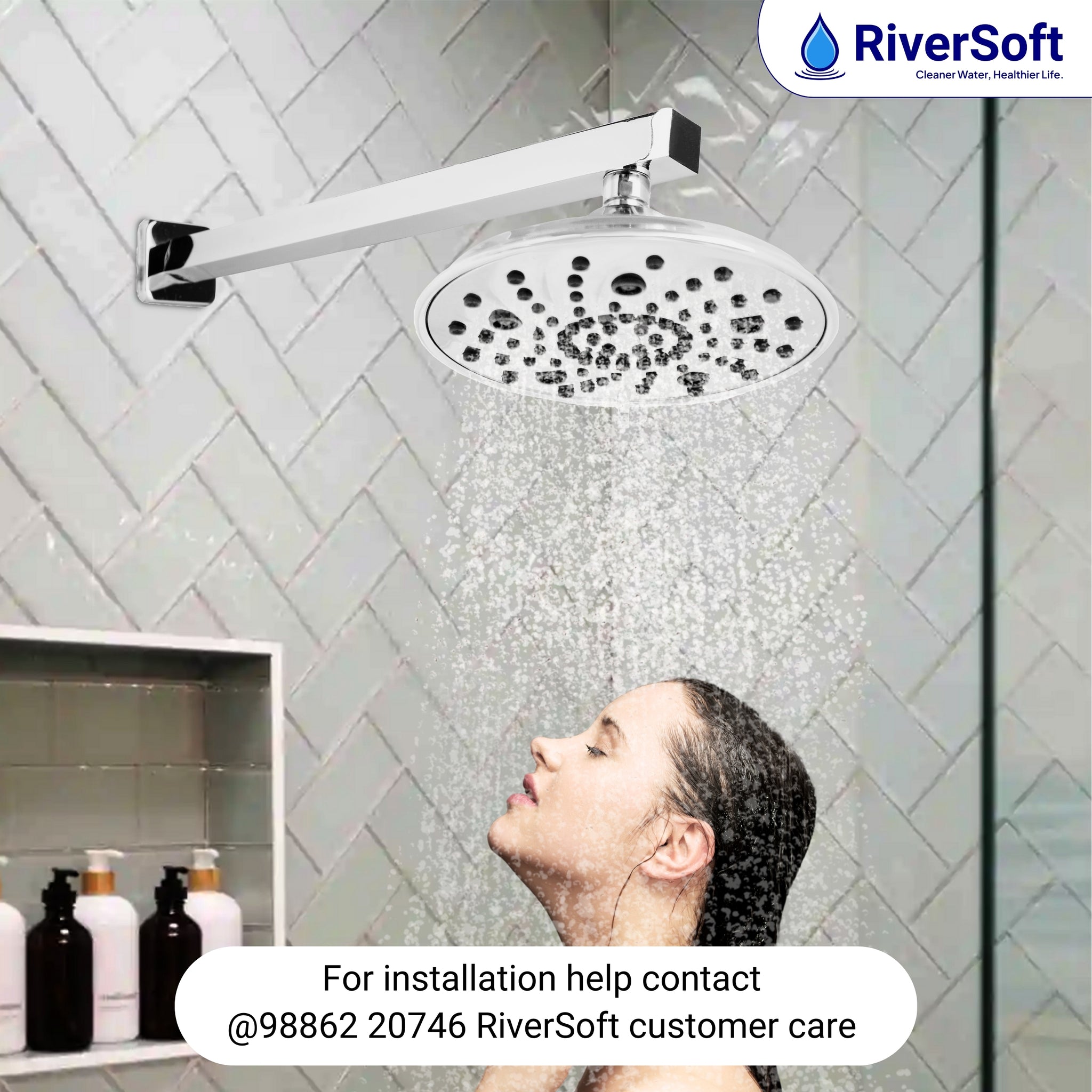 RiverSoft RSC-7 Shower Head 7-Function ABS with Adjustable Brass Ball Joint wide faceplate 199mm dia without arm