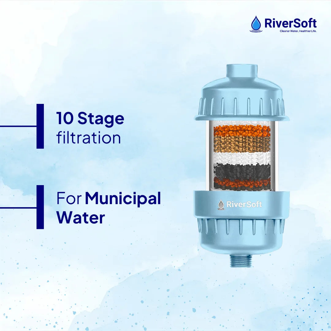 RiverSoft SF-MW-10 Shower & Tap Filter for Municipal Water Supply | 10-Stage Filter for Chlorine, Sediment & Mild Hard Water | Prevent Hair & Skin Damage