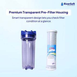 RiverSoft PreRO-TR-CTO Pre-Filter with CTO Cartridge | Chlorine, Taste & Odor Reduction | Transparent Housing | 3/4" Inlet/Outlet | Compatible with RO Systems