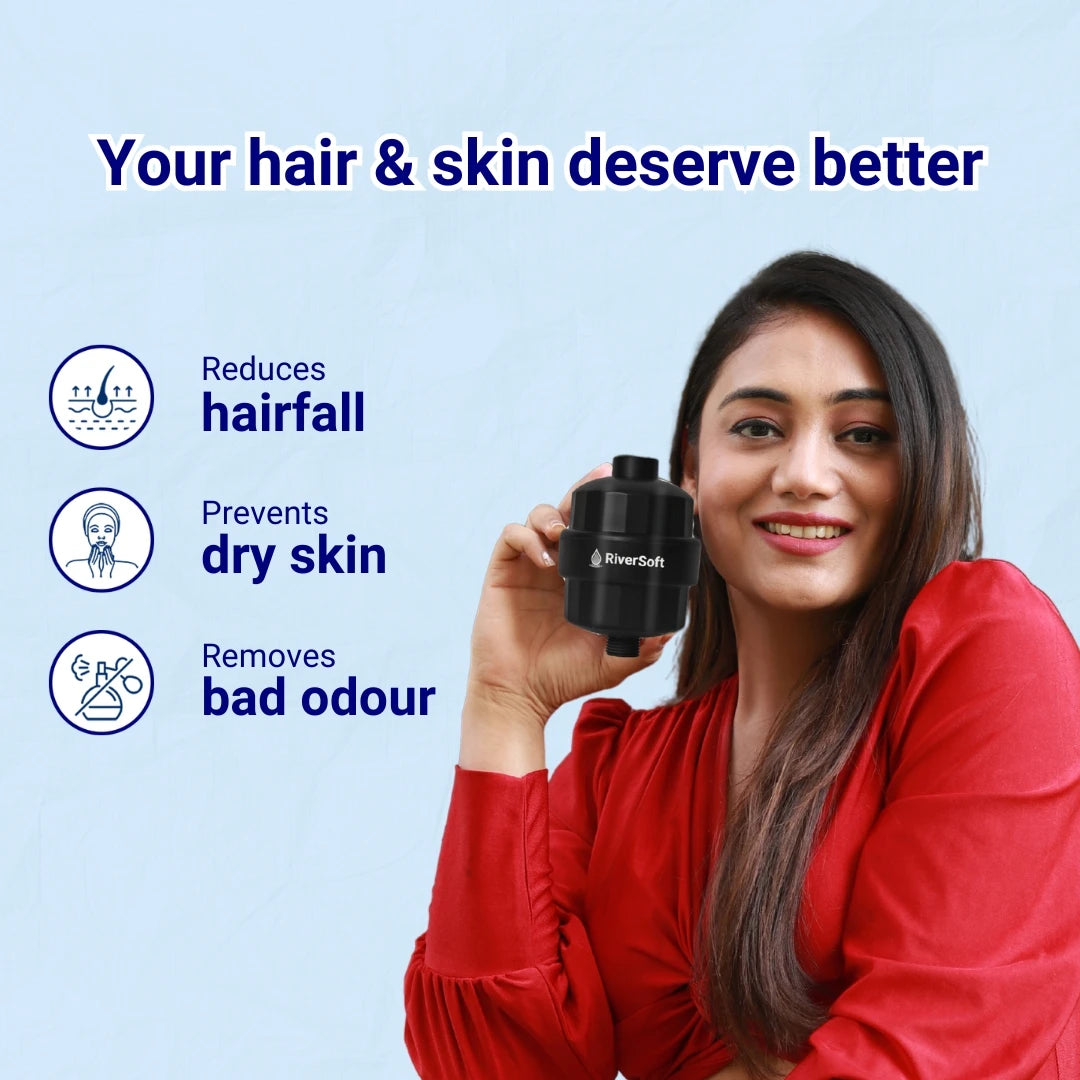 RiverSoft Black DIVA-PRO Shower and tap filter benefits for hair and skin 