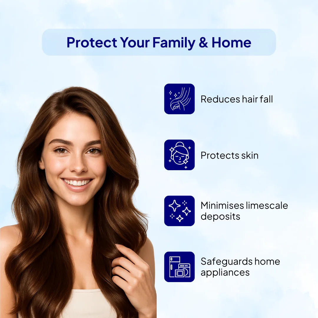 RiverSoft MHW-10 Mainline hard water filter reduces hair fall, protects skin, minimises limescale deposits, and safeguards home appliances.