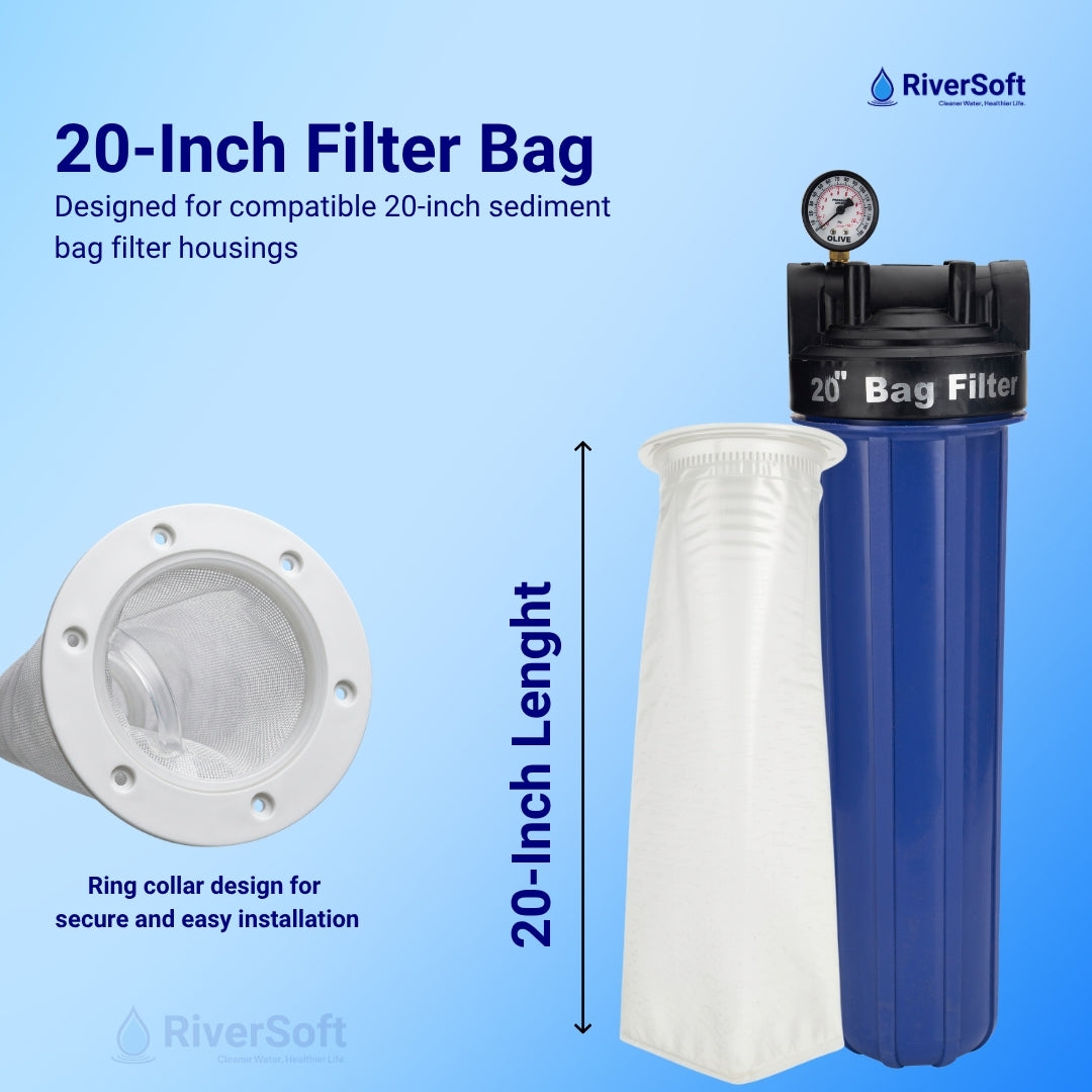 RiverSoft FB-20-1M Filter Bag for Water Tank | 20-inch filter bag | For Filtering Sand, Dirt, Sediment, and Rust from Water | 1-micron tank filter bag