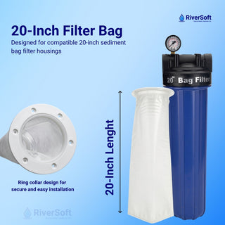 RiverSoft FB-20-1M Filter Bag for Water Tank | 20-inch filter bag | For Filtering Sand, Dirt, Sediment, and Rust from Water | 1-micron tank filter bag