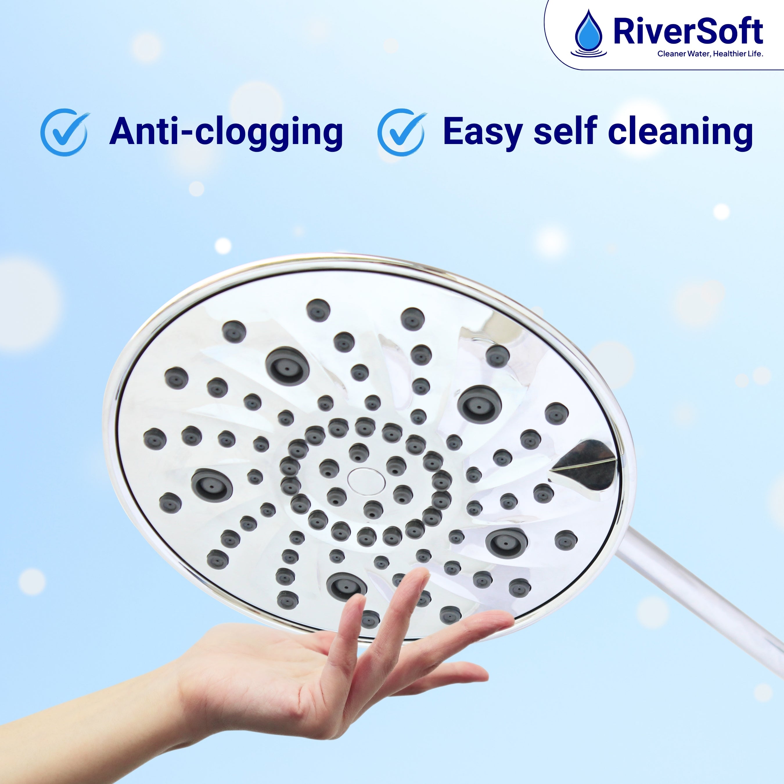 RiverSoft RSC-7 Shower Head 7-Function ABS with Adjustable Brass Ball Joint wide faceplate 199mm dia without arm