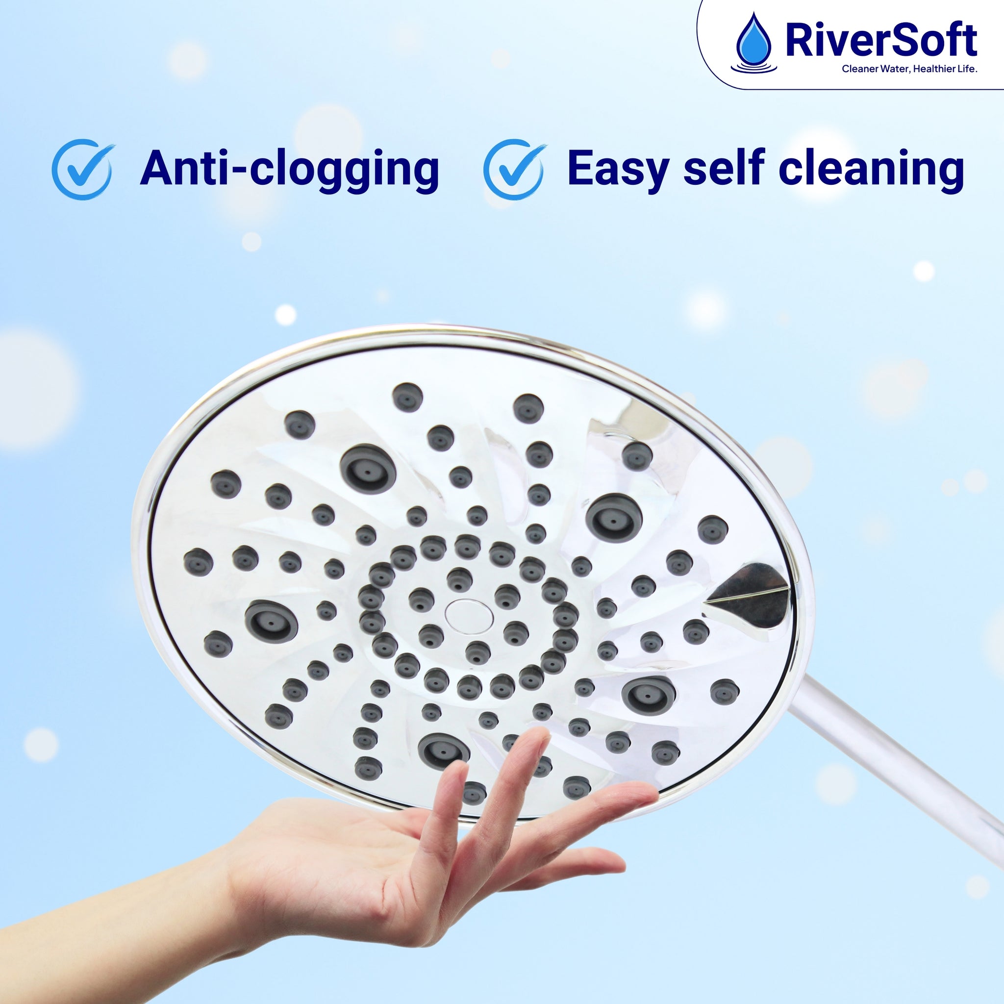 RiverSoft RSC-7 Shower Head 7-Function ABS with Adjustable Brass Ball Joint wide faceplate 199mm dia without arm