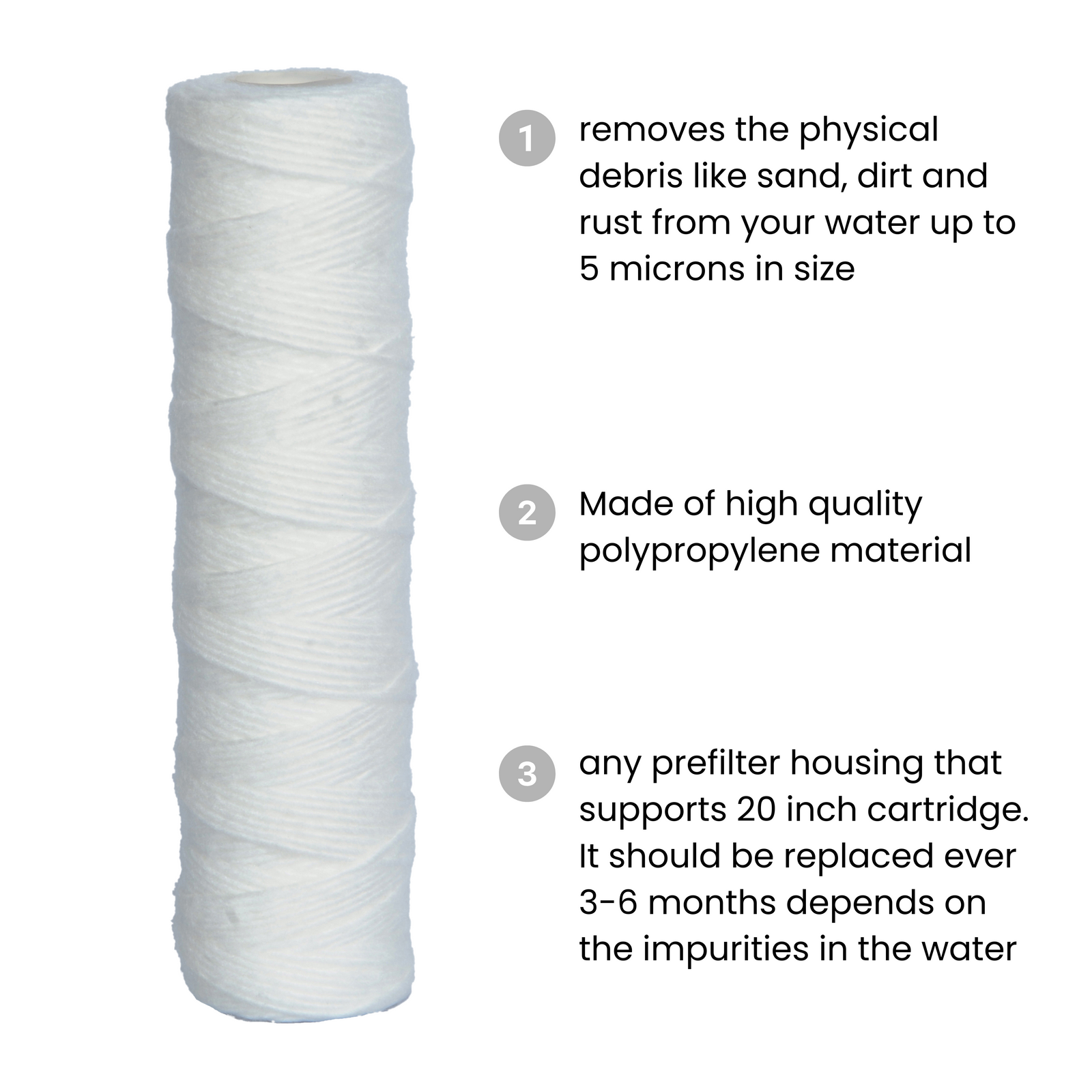 YWC-10 Yarn Wound Threaded Filter Cartridge Suitable for Mainline Sediment Filter housing (Pack of 1, 10 Inch, 5 Micron)