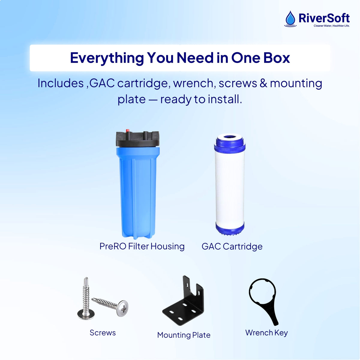 RiverSoft Prefilter Assembly Granular with Activated Carbon (GAC) Filter with Housing – Reduces Chlorine, Odors. (3/4 inch Inlet/Outlet, Blue, PP)