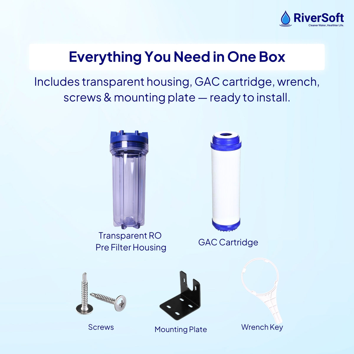 RiverSoft PreRO-TR-GAC Pre-Filter with GAC Cartridge | Chlorine, Odor & Taste Reduction | Transparent Housing | 3/4" Inlet/Outlet | Compatible with RO Systems