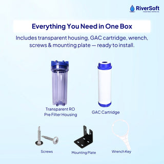 RiverSoft PreRO-TR-GAC Pre-Filter with GAC Cartridge | Chlorine, Odor & Taste Reduction | Transparent Housing | 3/4" Inlet/Outlet | Compatible with RO Systems