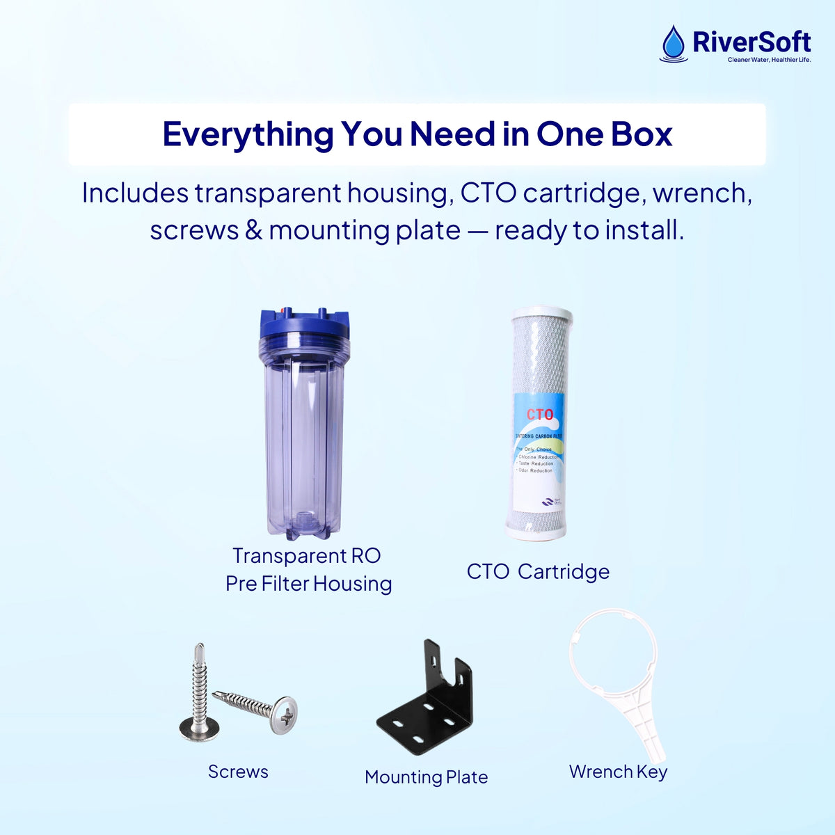 RiverSoft PreRO-TR-CTO Pre-Filter with CTO Cartridge | Chlorine, Taste & Odor Reduction | Transparent Housing | 3/4" Inlet/Outlet | Compatible with RO Systems