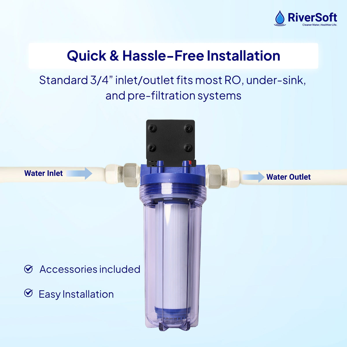 RiverSoft PreRO-TR-GAC Pre-Filter with GAC Cartridge | Chlorine, Odor & Taste Reduction | Transparent Housing | 3/4" Inlet/Outlet | Compatible with RO Systems