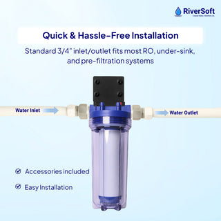 RiverSoft PreRO-TR-GAC Pre-Filter with GAC Cartridge | Chlorine, Odor & Taste Reduction | Transparent Housing | 3/4" Inlet/Outlet | Compatible with RO Systems