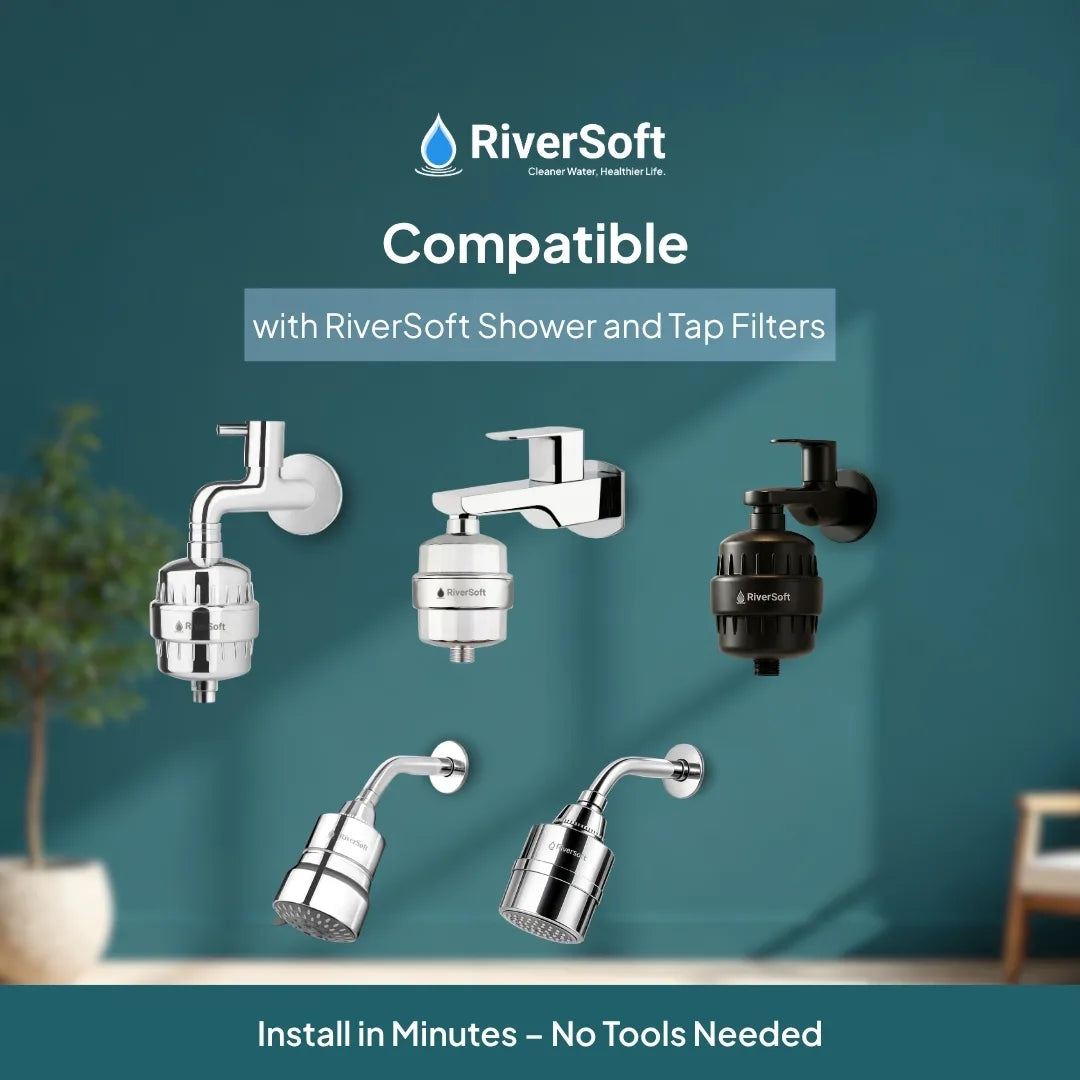 RiverSoft shower and tap filters, 'Compatible with RiverSoft Shower and Tap Filters' and 'Install in Minutes – No Tools Needed'.