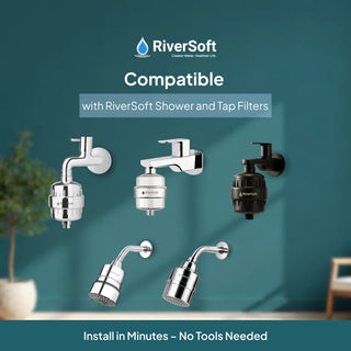 RiverSoft shower and tap filters, 'Compatible with RiverSoft Shower and Tap Filters' and 'Install in Minutes – No Tools Needed'.