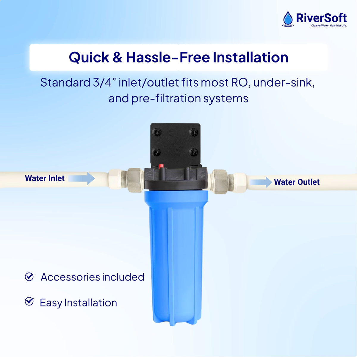 RiverSoft Prefilter Assembly Granular with Activated Carbon (GAC) Filter with Housing – Reduces Chlorine, Odors. (3/4 inch Inlet/Outlet, Blue, PP)