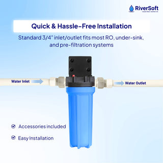 RiverSoft Prefilter Assembly Granular with Activated Carbon (GAC) Filter with Housing – Reduces Chlorine, Odors. (3/4 inch Inlet/Outlet, Blue, PP)