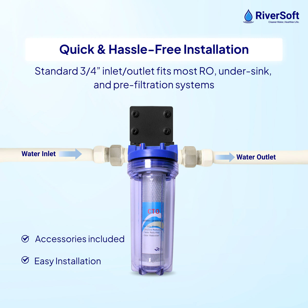 RiverSoft PreRO-TR-CTO Pre-Filter with CTO Cartridge | Chlorine, Taste & Odor Reduction | Transparent Housing | 3/4" Inlet/Outlet | Compatible with RO Systems