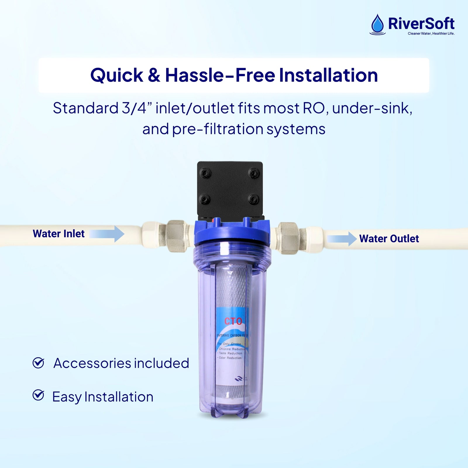 RiverSoft PreRO-TR-CTO Pre-Filter with CTO Cartridge | Chlorine, Taste & Odor Reduction | Transparent Housing | 3/4" Inlet/Outlet | Compatible with RO Systems