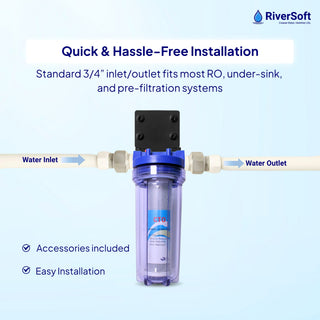 RiverSoft PreRO-TR-CTO Pre-Filter with CTO Cartridge | Chlorine, Taste & Odor Reduction | Transparent Housing | 3/4" Inlet/Outlet | Compatible with RO Systems