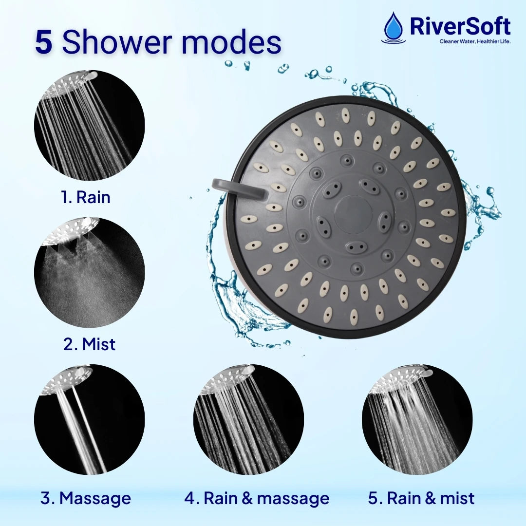RiverSoft DIVA-05-BL shower filter for hard water with 15 stages | 5 Mode Spray Setting | Water Softener for Bathroom | Water saving mist mode (Black, Pack of 1)