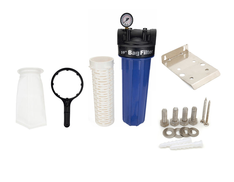 Sediment Filter Assembly AFB-FB-10 with spare filter bag 1 Micron for filtering sediments with pressure gauge, Install in mainline 1 inch inlet/outlet (10 inch filter bag, PP)