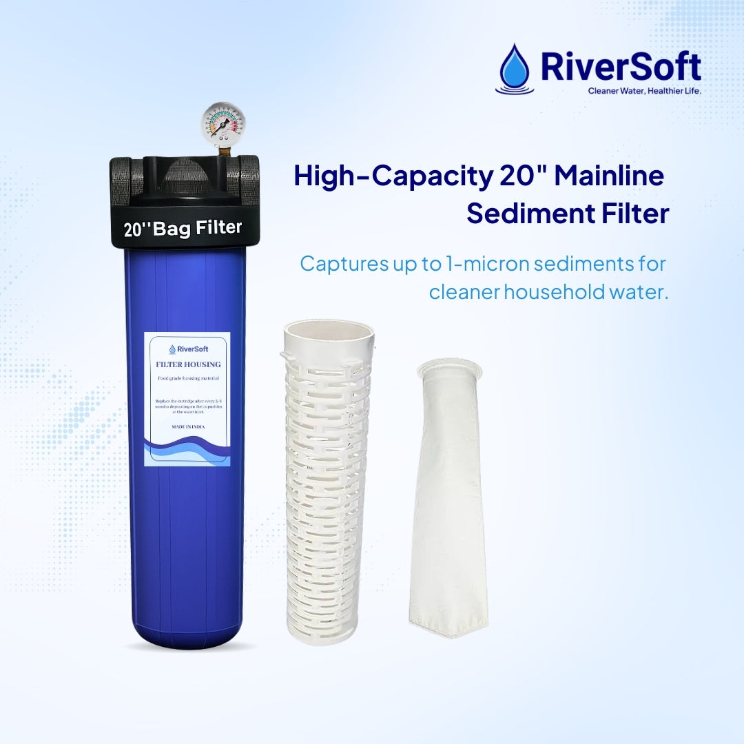 Riversoft AFB-20-1M High-capacity 20-inch mainline sediment filter with RiverSoft branding on a light blue background.