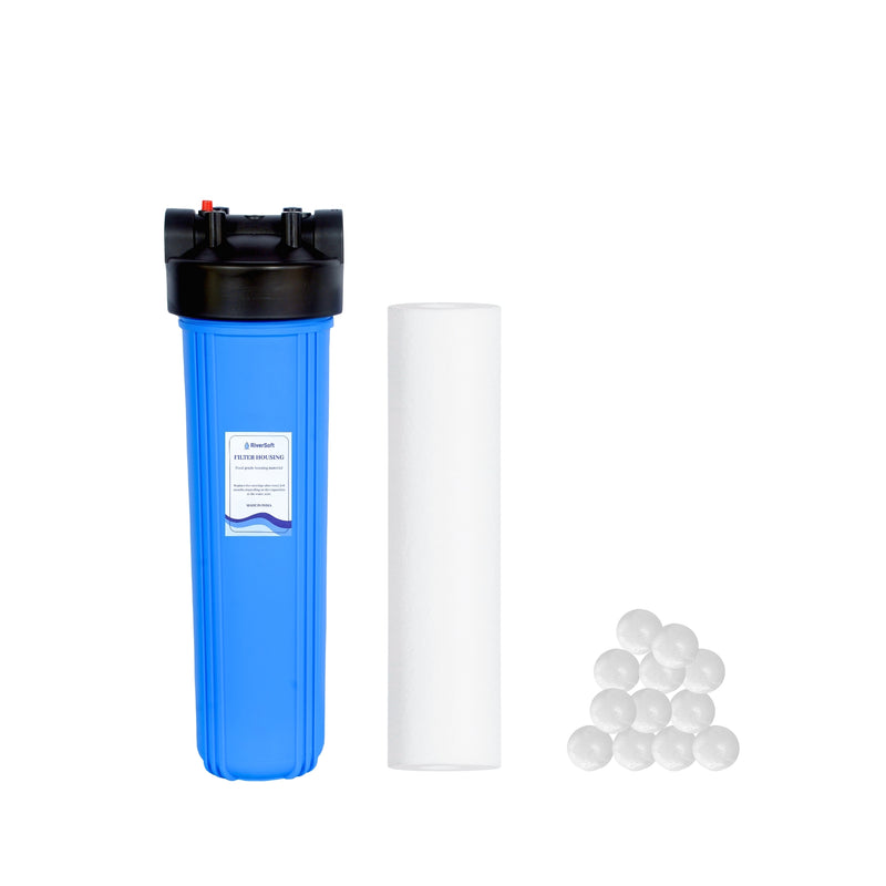 ASP-20HV-SI Combo of Sediment Filter Assembly 5 Micron For Removing Sediments & Antiscalant Balls For Hard Water | Install In Mainline (20 inch, 5 Micron, 1 inch inlet/outlet, Blue, PP)