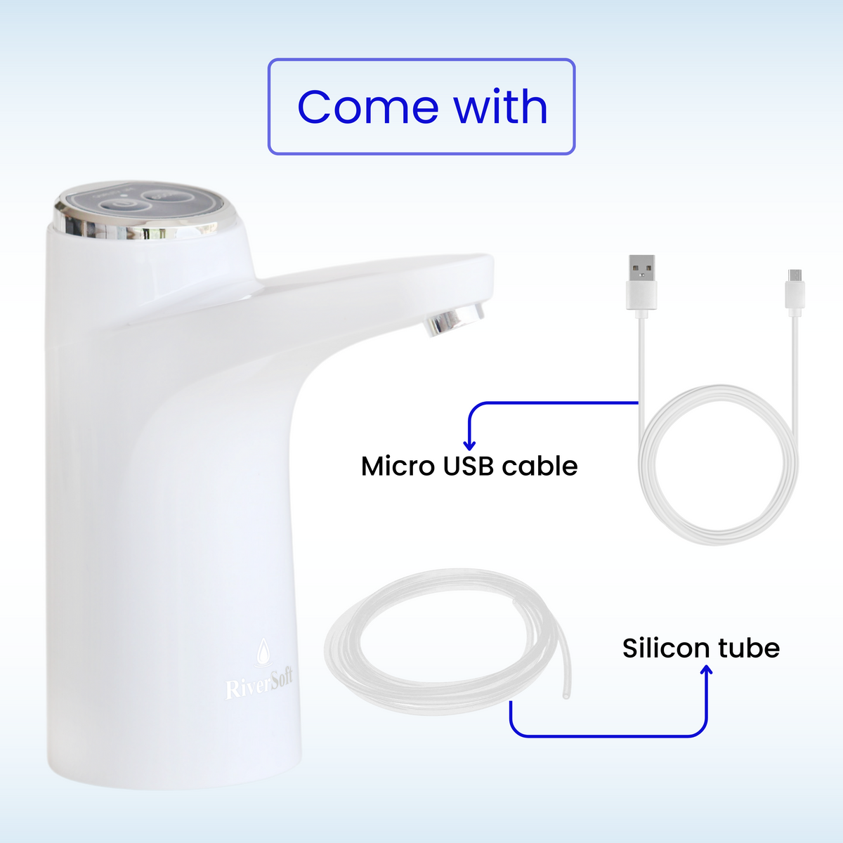 RiverSoft AWD-WH-1  comes with micro USB cable and Silicon tube