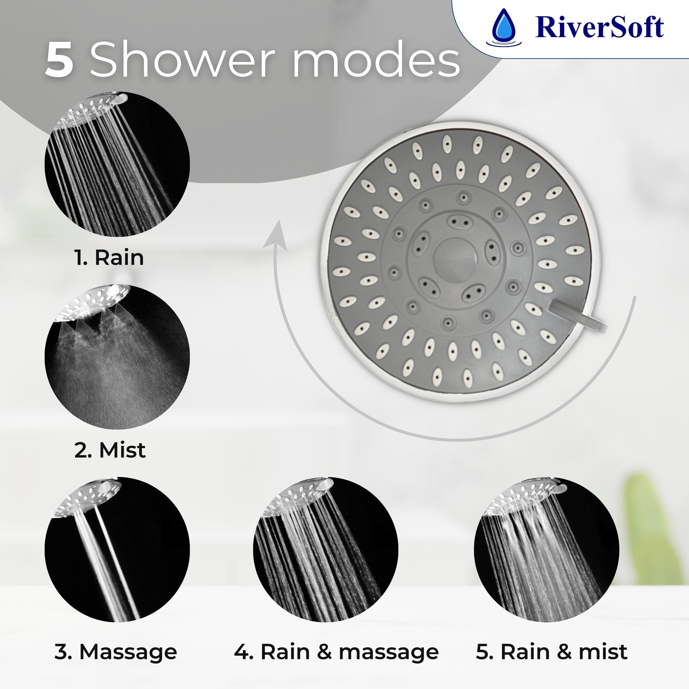 DIVA-05 shower filter for hard water with 15 stages | 5 Mode Spray Setting | Water Softener for Bathroom | Water saving mist mode