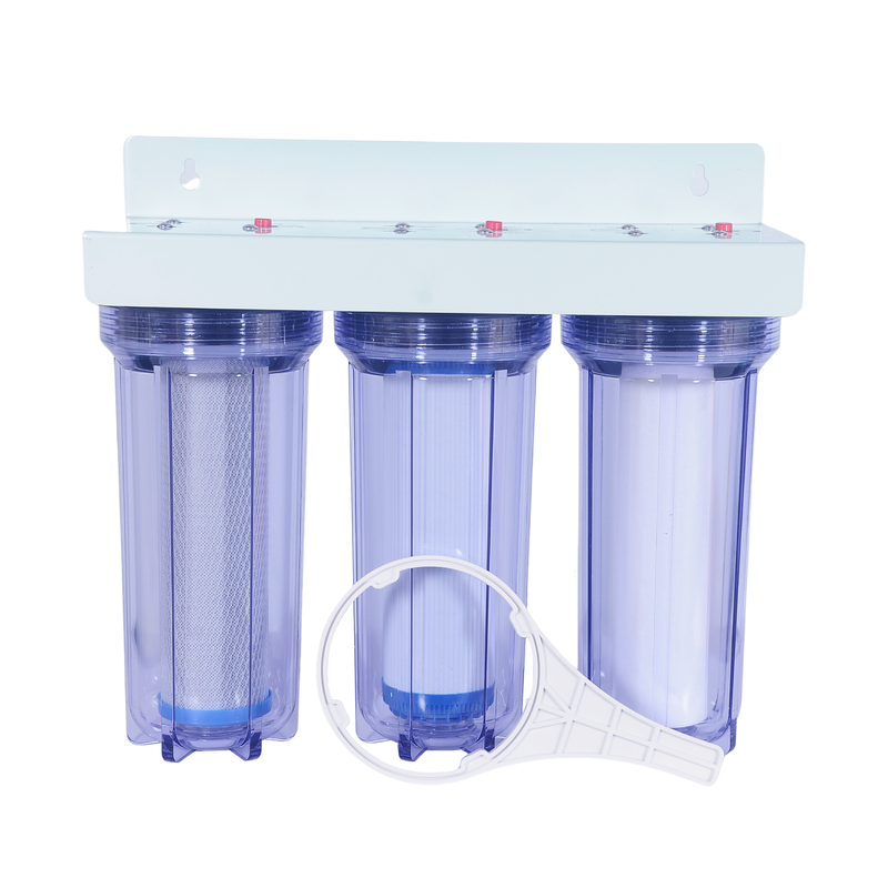 RO-Pure Inline/Under-Sink Water Filter 3 Stages With Inbuilt Mounting Clamp | PP Spun Cartridge, CTO Cartridge & GAC Cartridge (Transparent, 1 inch inlet/outlet, PP)