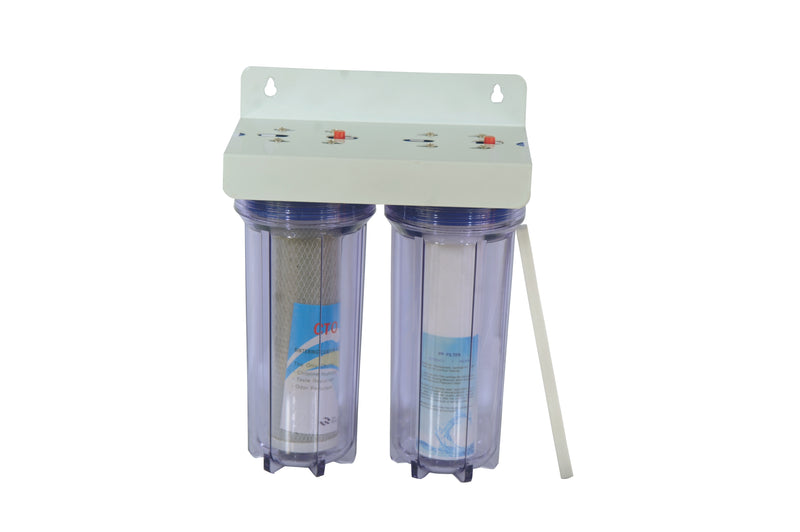 RO-PPCTO-10-1 RO-Pure Inline/Under-Sink Water Filter 2 Stages With Inbuilt Mounting Clamp | PP Spun Cartridge and CTO Cartridge (Transparent, 1 inch inlet/outlet, PP)
