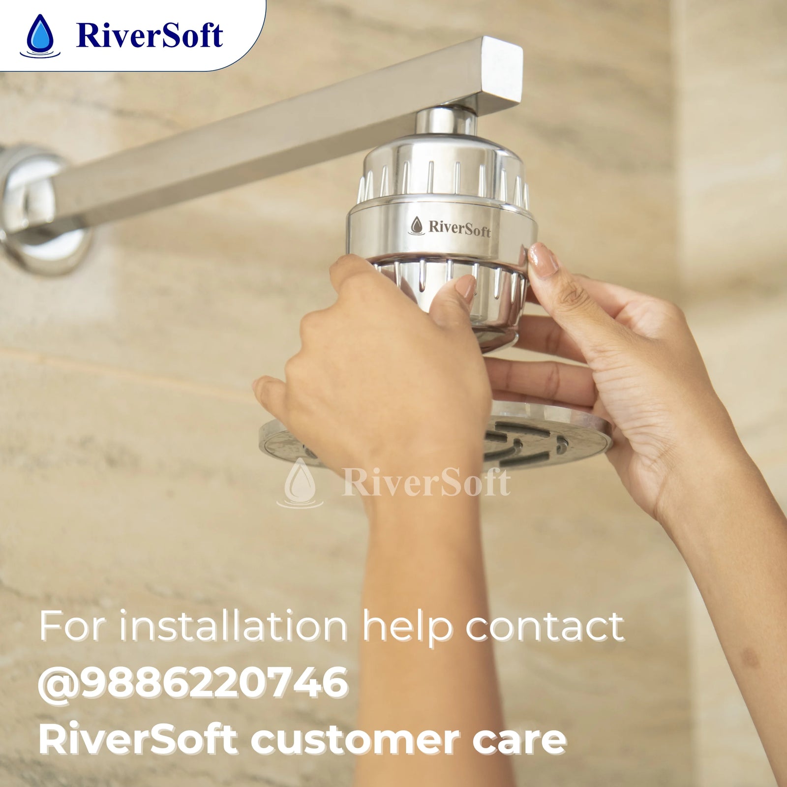 Installing a RiverSoft shower filter on a shower head with contact information.